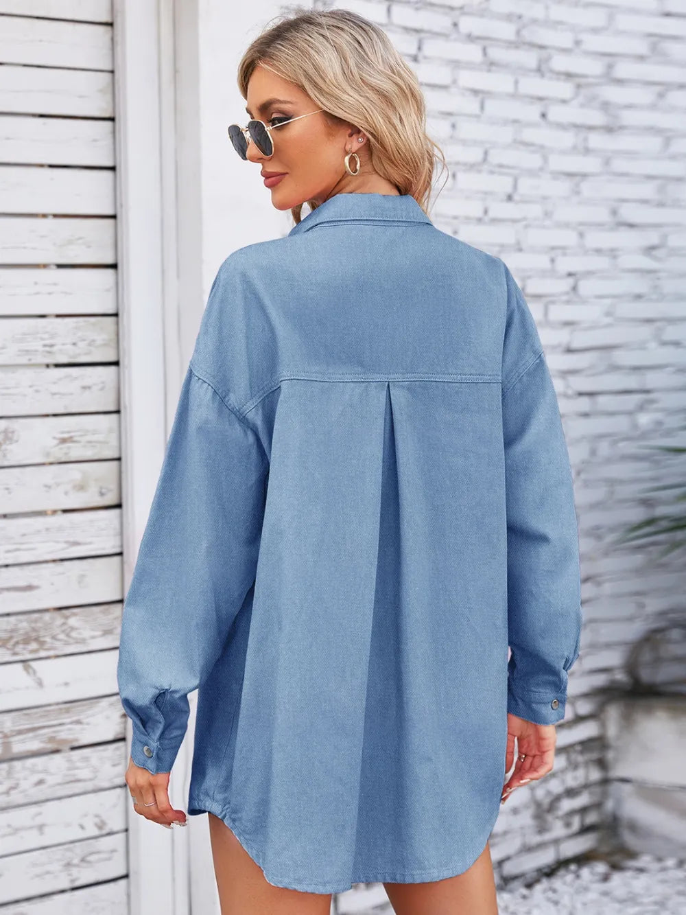 Pocketed Snap Down Dropped Shoulder Denim Shacket nicholesgifts