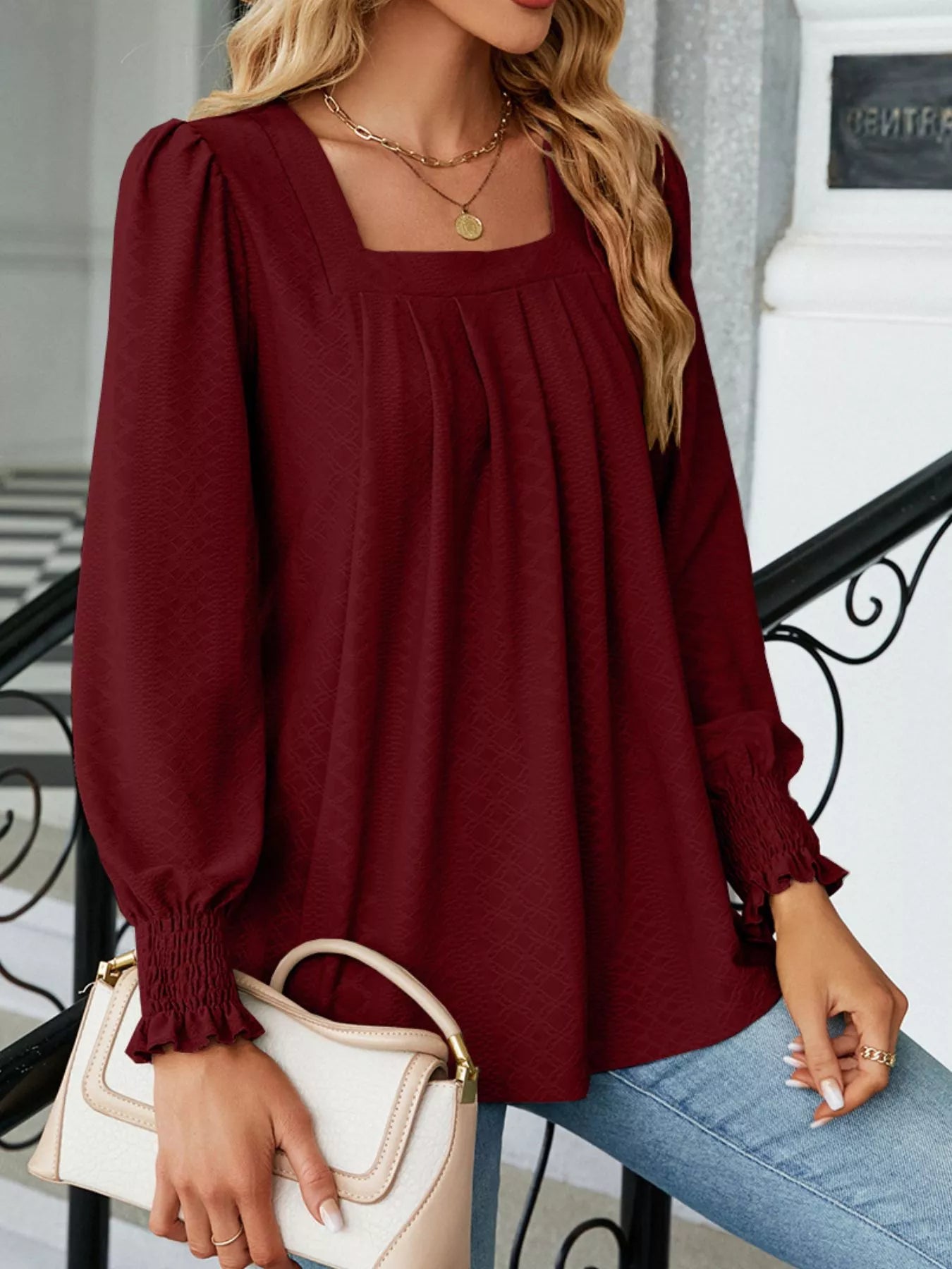 Pleated Square Neck Long Sleeve Top Trendsi