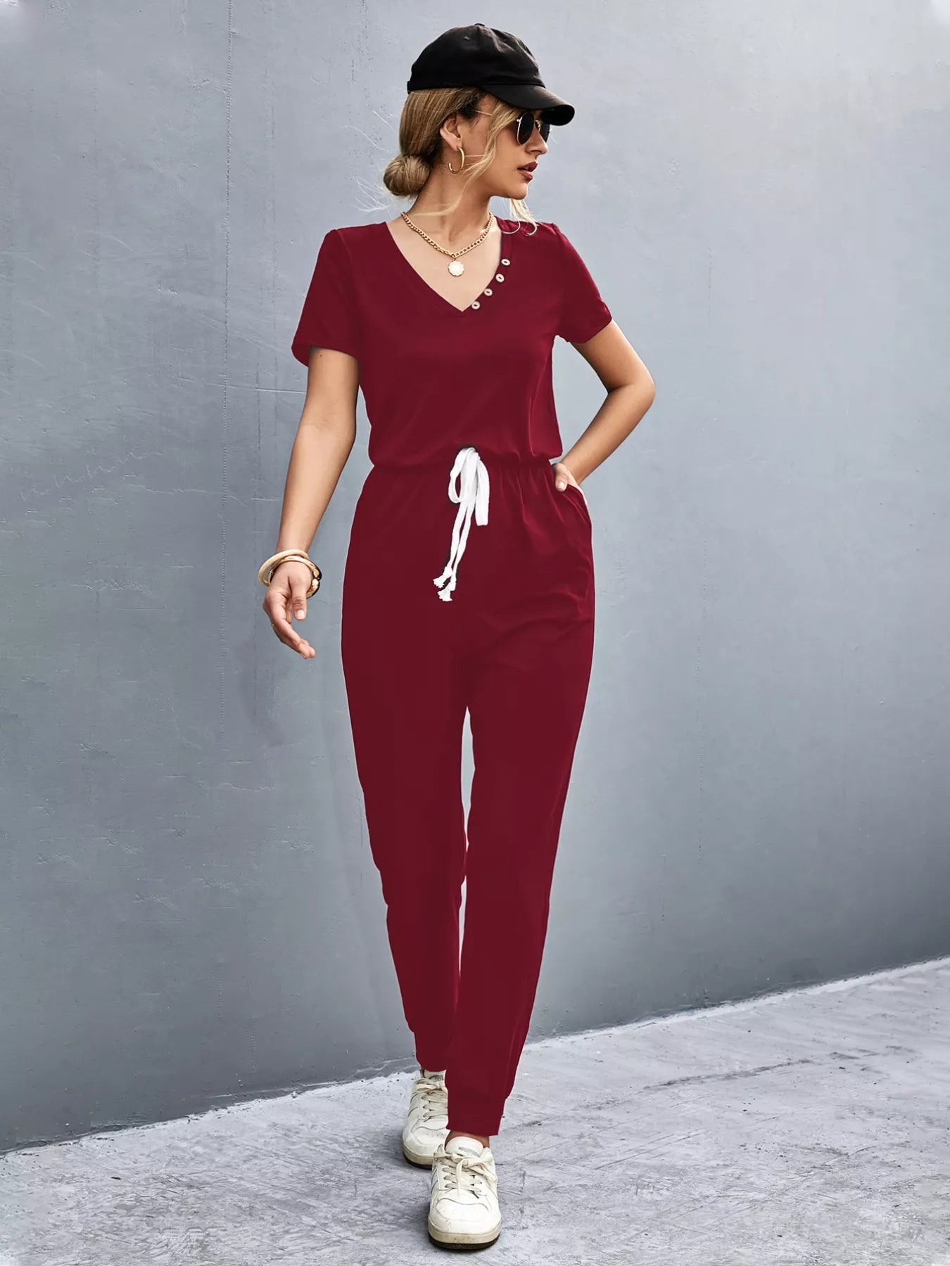 Casual V-Neck Short Sleeve Drawstring Waist Jumpsuit nicholesgifts