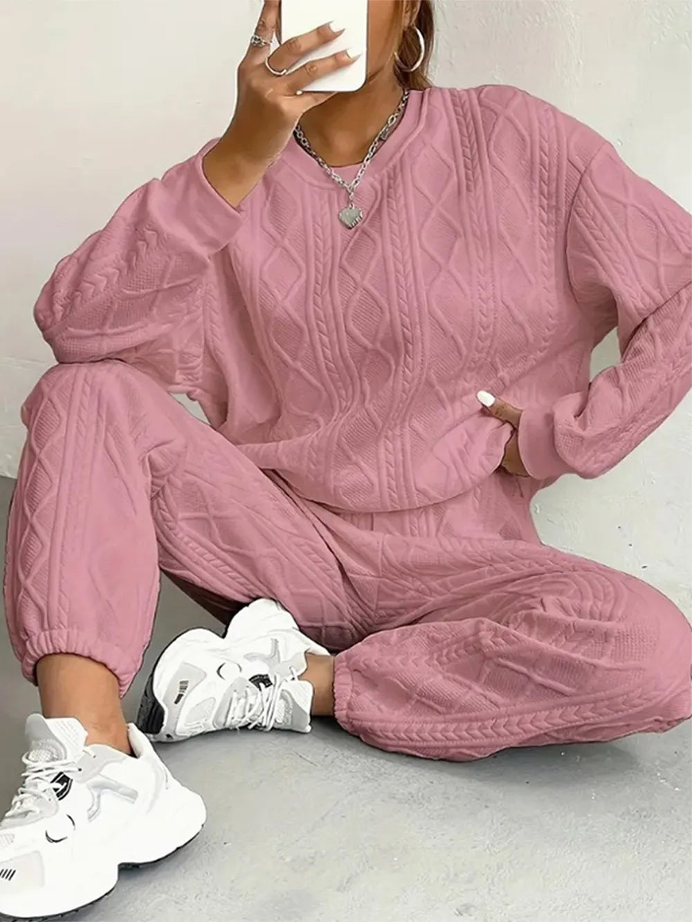 Texture Round Neck Top and Pants Set nicholesgifts
