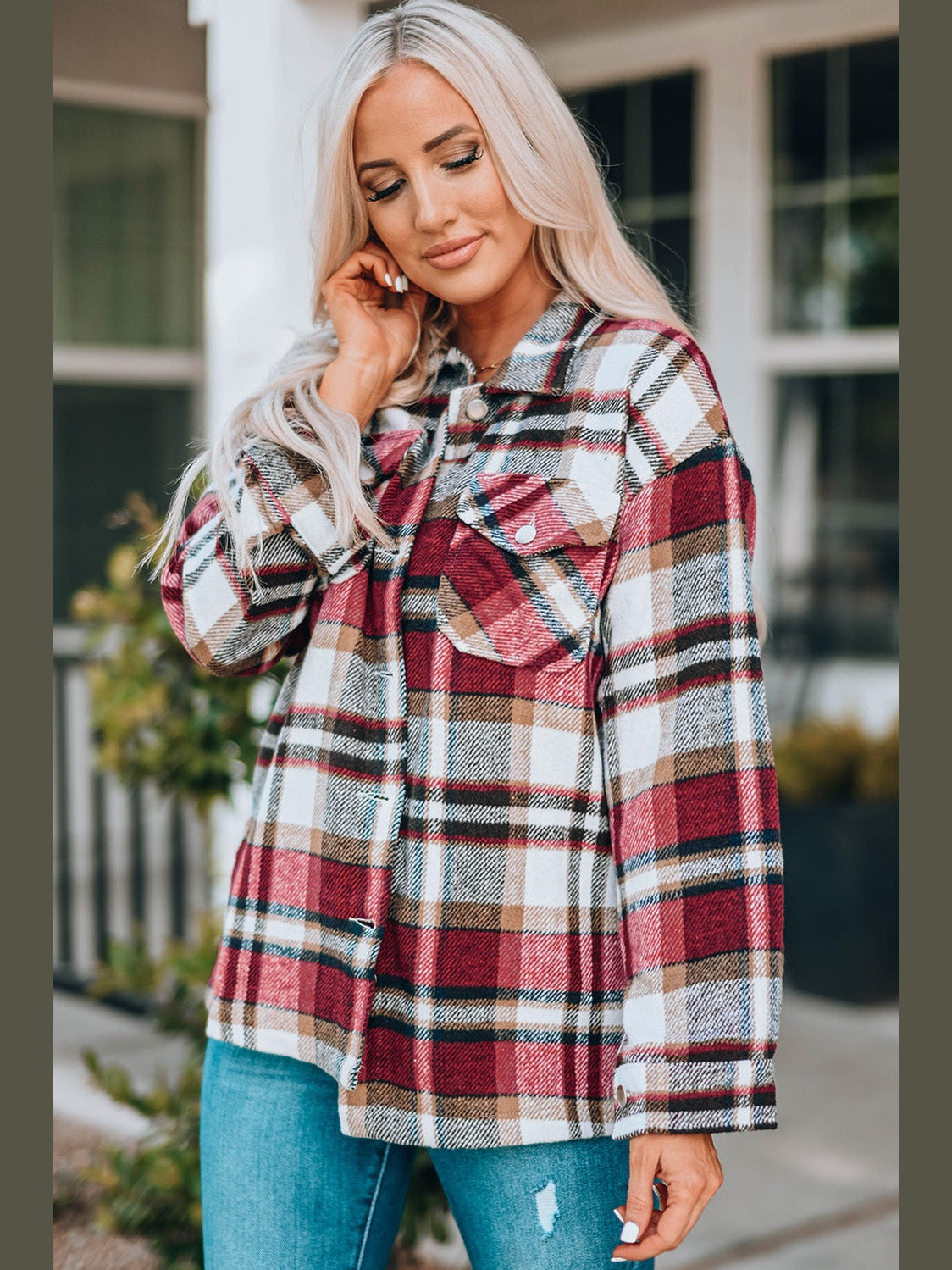Plaid Button Front Shirt Jacket with Breast Pockets nicholesgifts