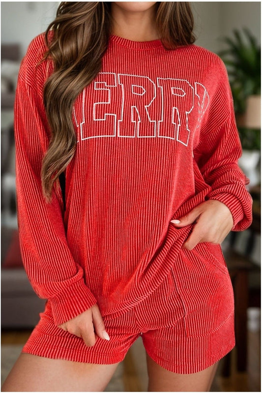 MERRY Round Neck Long Sleeve Top and Shorts Lounge Set