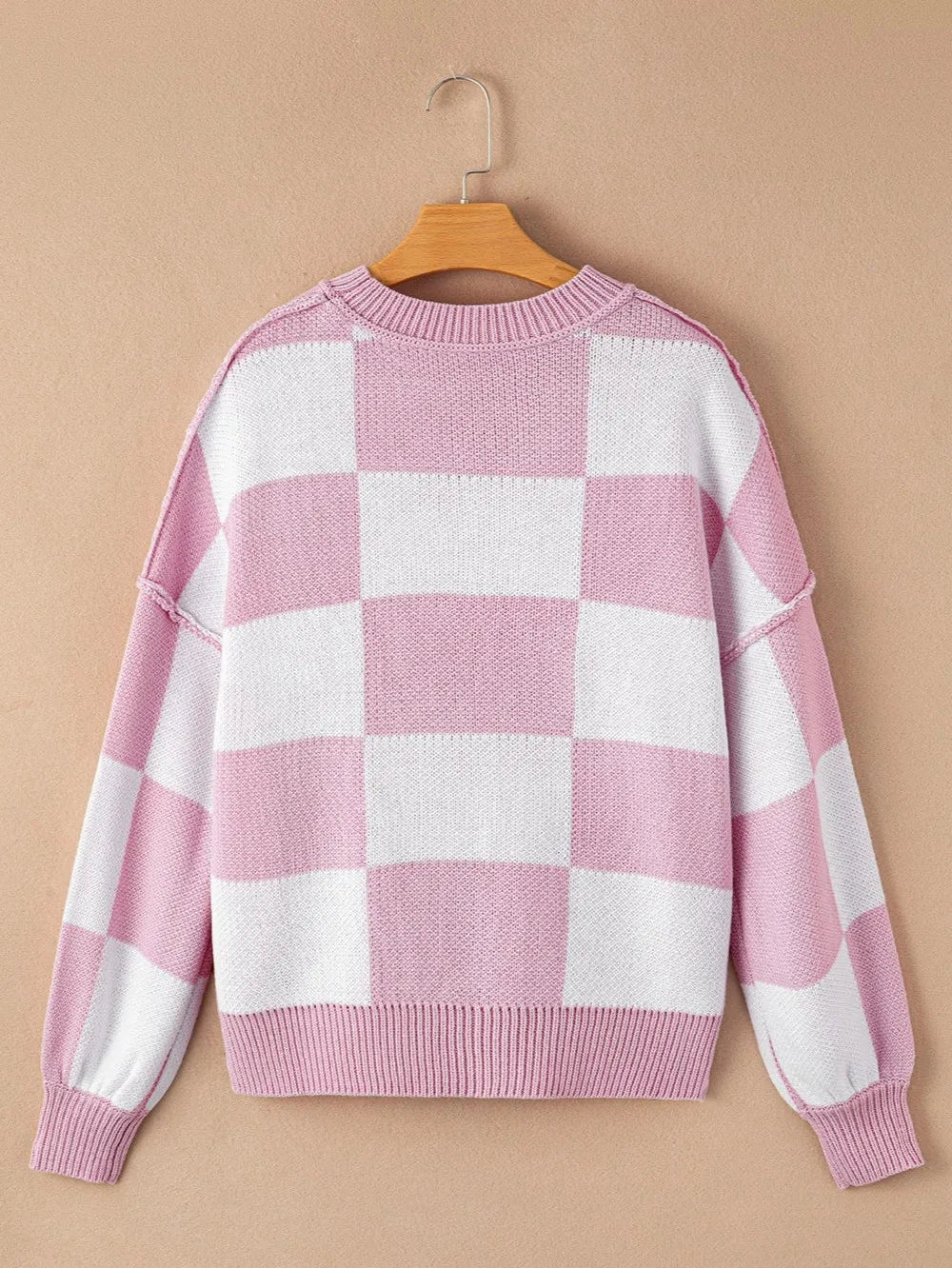 Checkered Exposed Seam Drooped Shoulder Sweater nicholesgifts