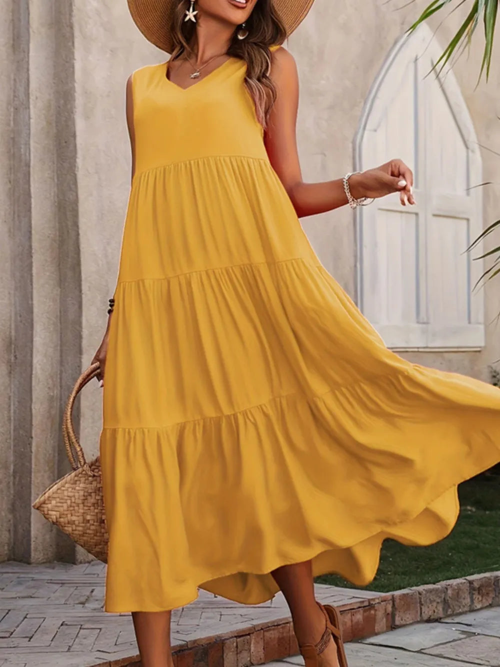 Tiered V-Neck Sleeveless Dress NicholesGifts