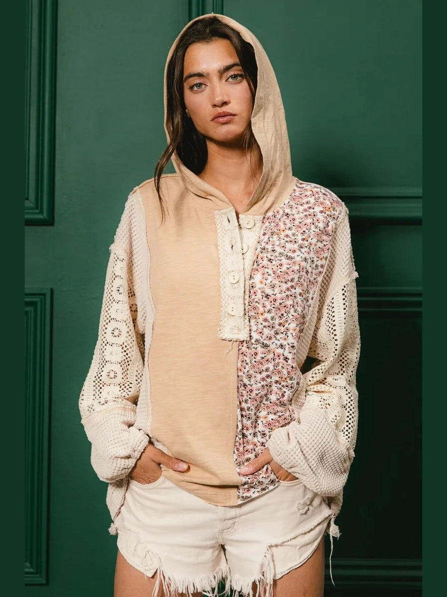 BiBi Slub Jersey with Lace Combo Buttoned Hoodie Top