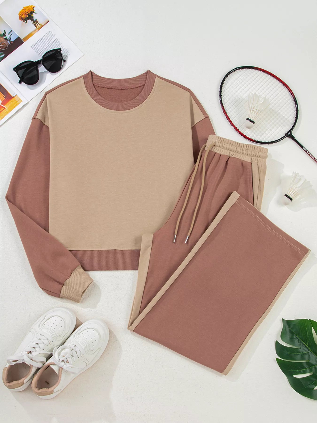 Color Block Long Sleeve Crop Top Drawstring Pant Set nicholesgifts