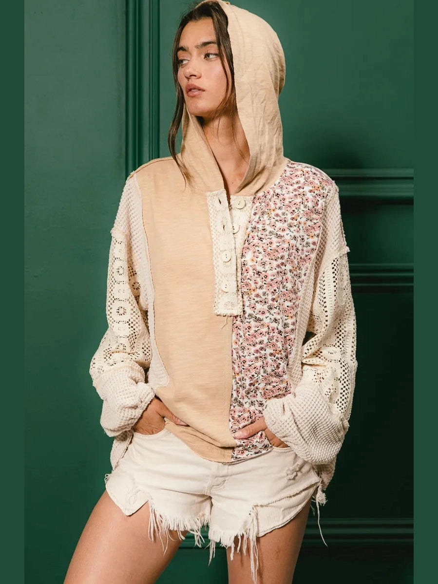 BiBi Slub Jersey with Lace Combo Buttoned Hoodie Top