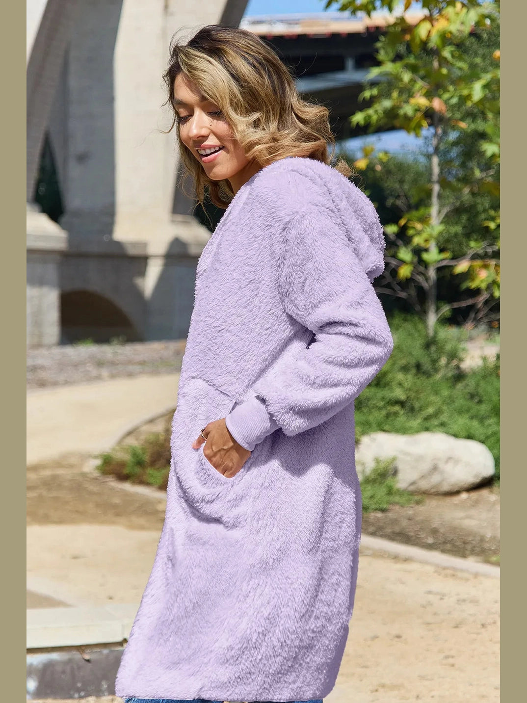Double Take Full Size Hooded Teddy Bear Jacket with Thumbholes nicholesgifts