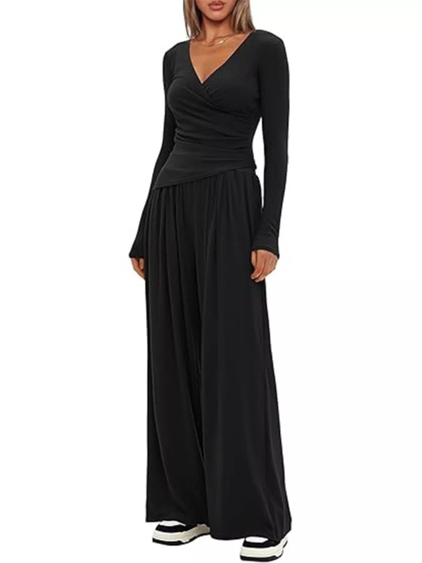 Casual Long Sleeve Top and Wide Leg Pants Set nicholesgifts