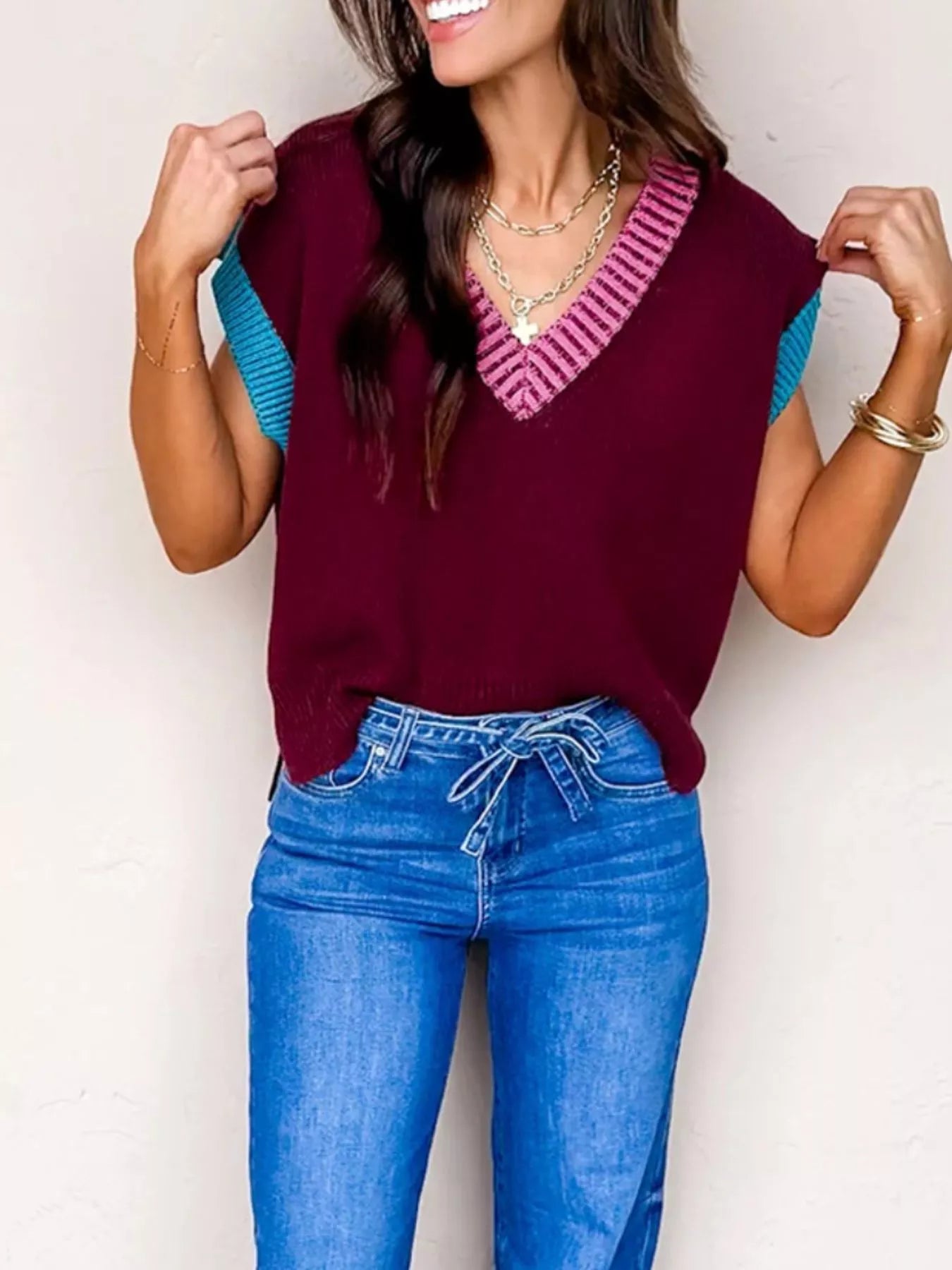 Contrast Trim V-Neck Sweater Vest nicholesgifts