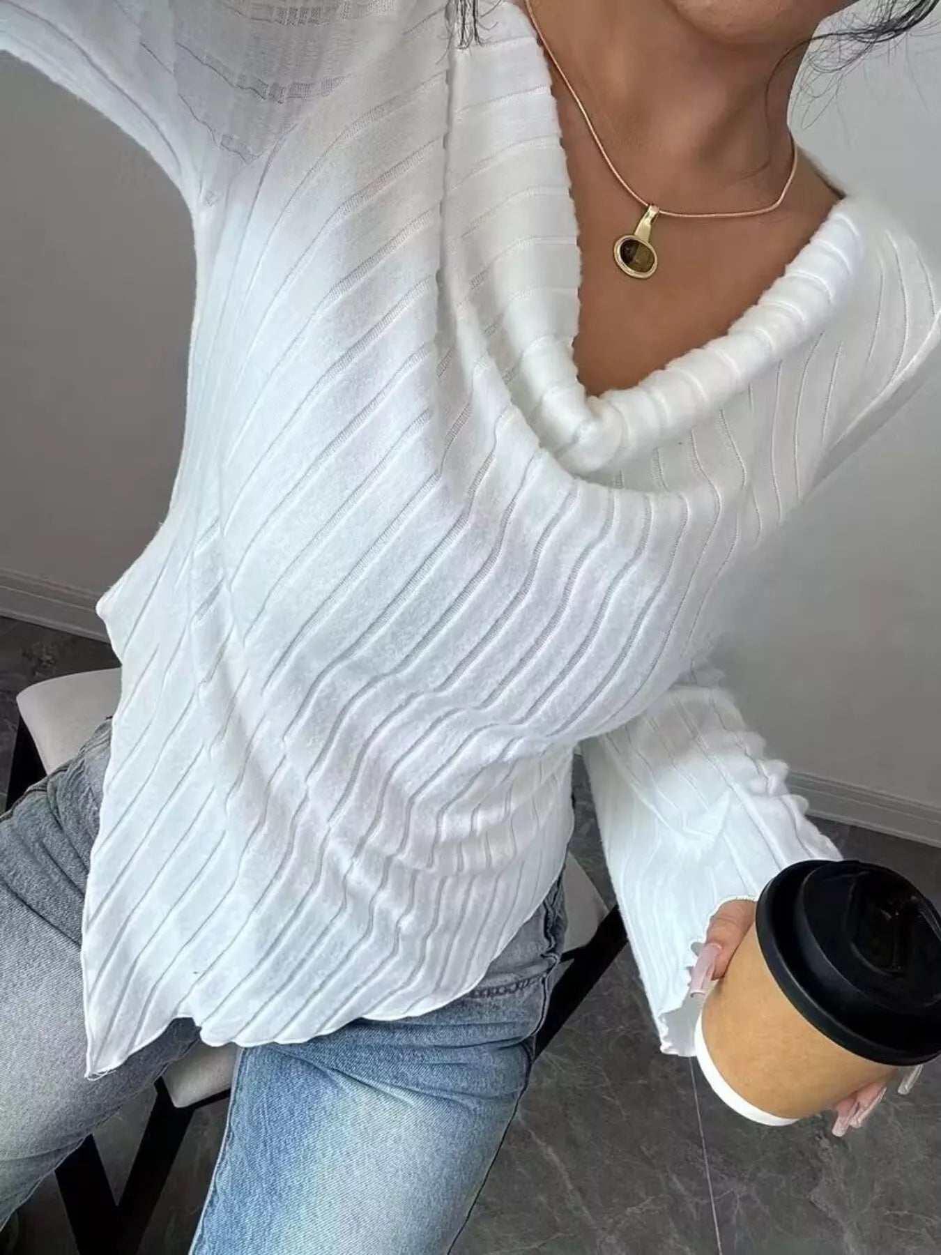 Cowl Neck Ribbed Knit T-Shirt nicholesgifts