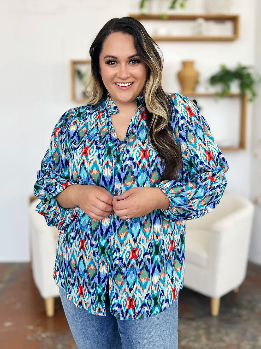 Double Take Full Size Printed Balloon Sleeve Blouse nicholesgifts