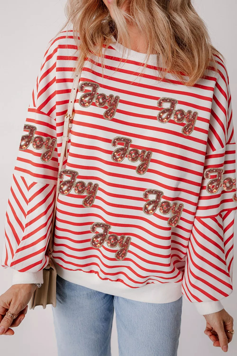 Stripe Sequined Joy Pattern Patchwork Sleeve Round Neck Sweatshirt nicholesgifts