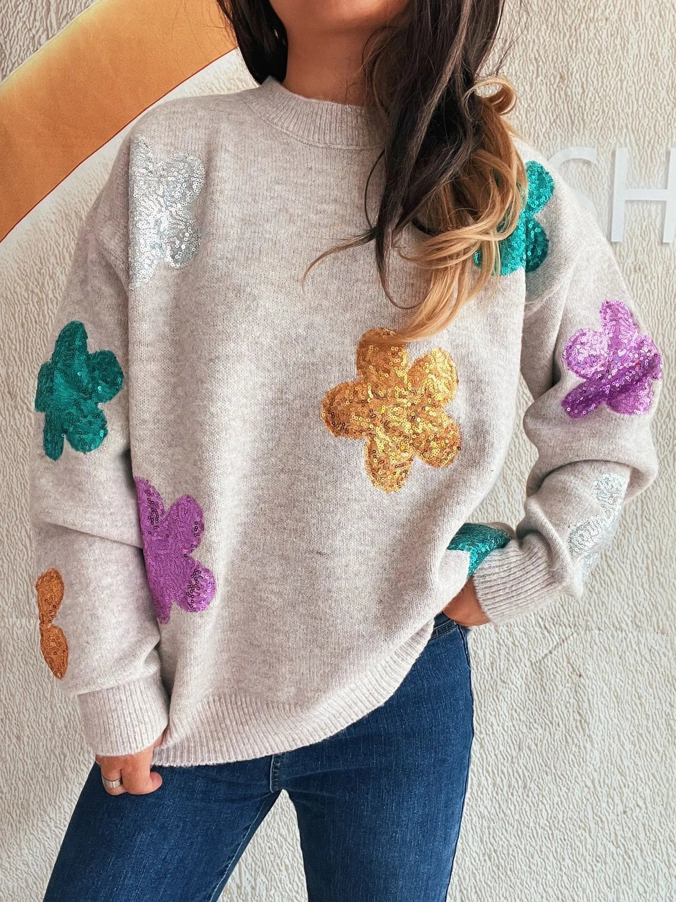 Sequin Flower Round Neck Long Sleeve Sweater nicholesgifts