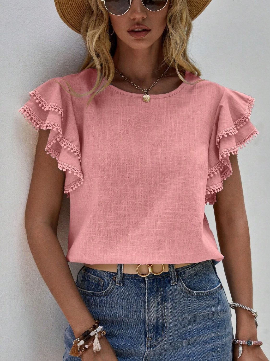 Ruffled Cap Sleeve Round Neck Blouse nicholesgifts