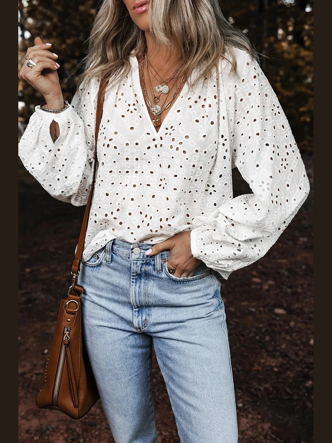 Eyelet V-Neck Long Sleeve Blouse NicholesGifts