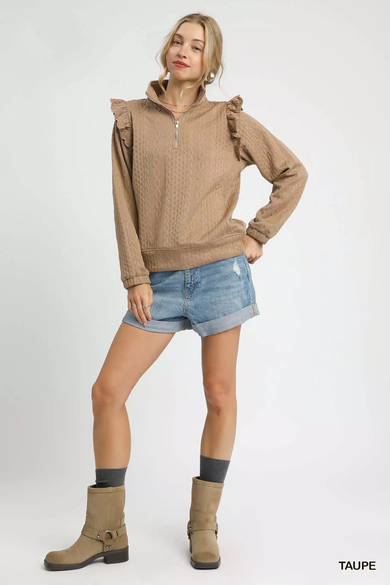 Umgee Cable Knit Textured Pullover with Ruffle Shoulders Trendsi