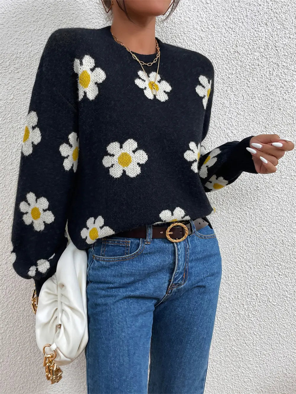 Flower Round Neck Latern Sleeve Sweater Trendsi