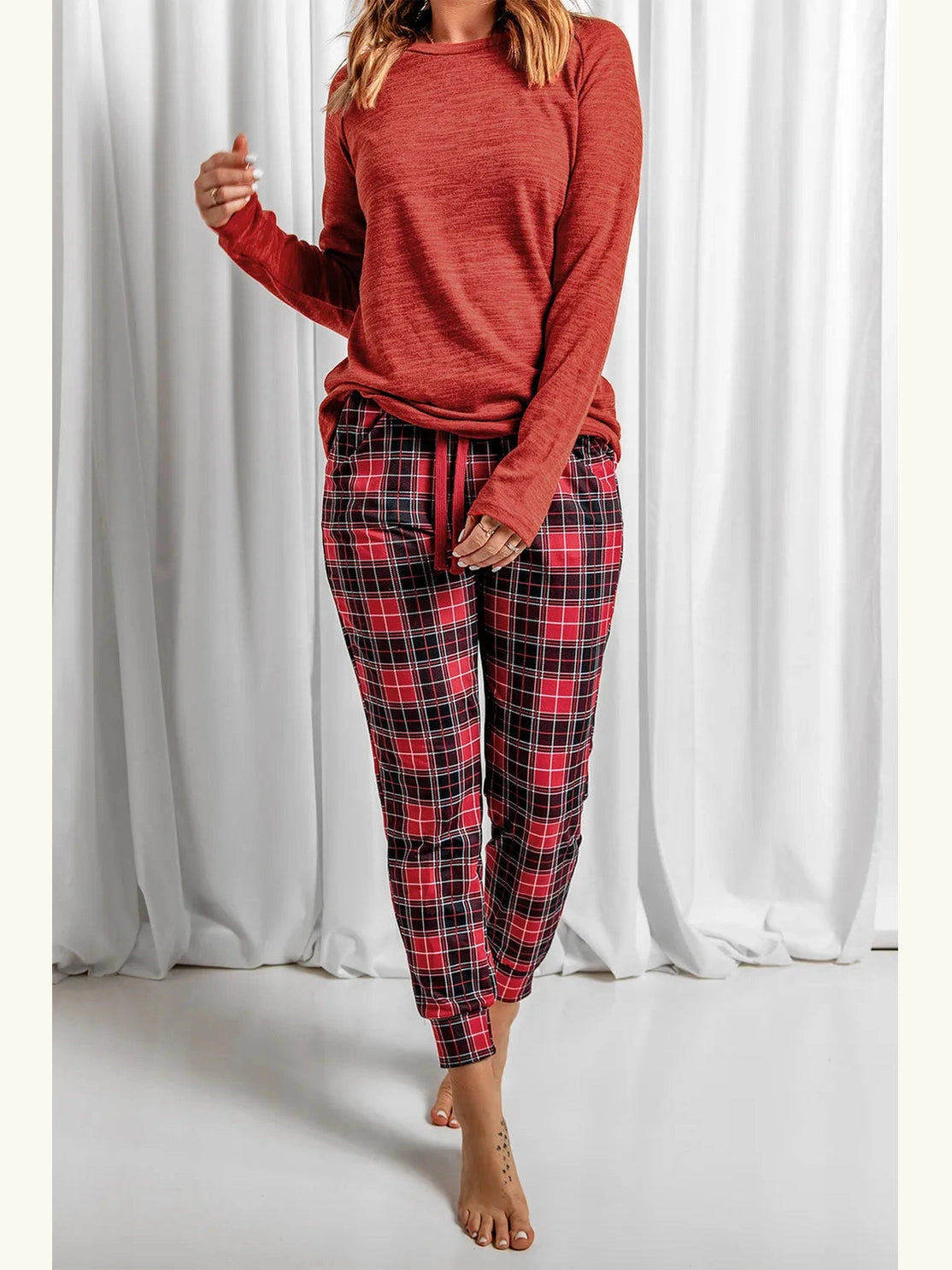 Round Neck Top and Drawstring Plaid Pants Lounge Set nicholesgifts