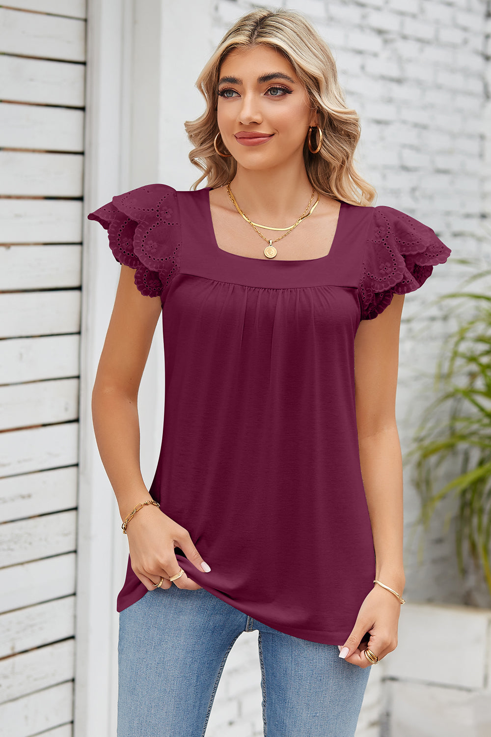 Eyelet Square Neck Cap Sleeve Blouse nicholesgifts