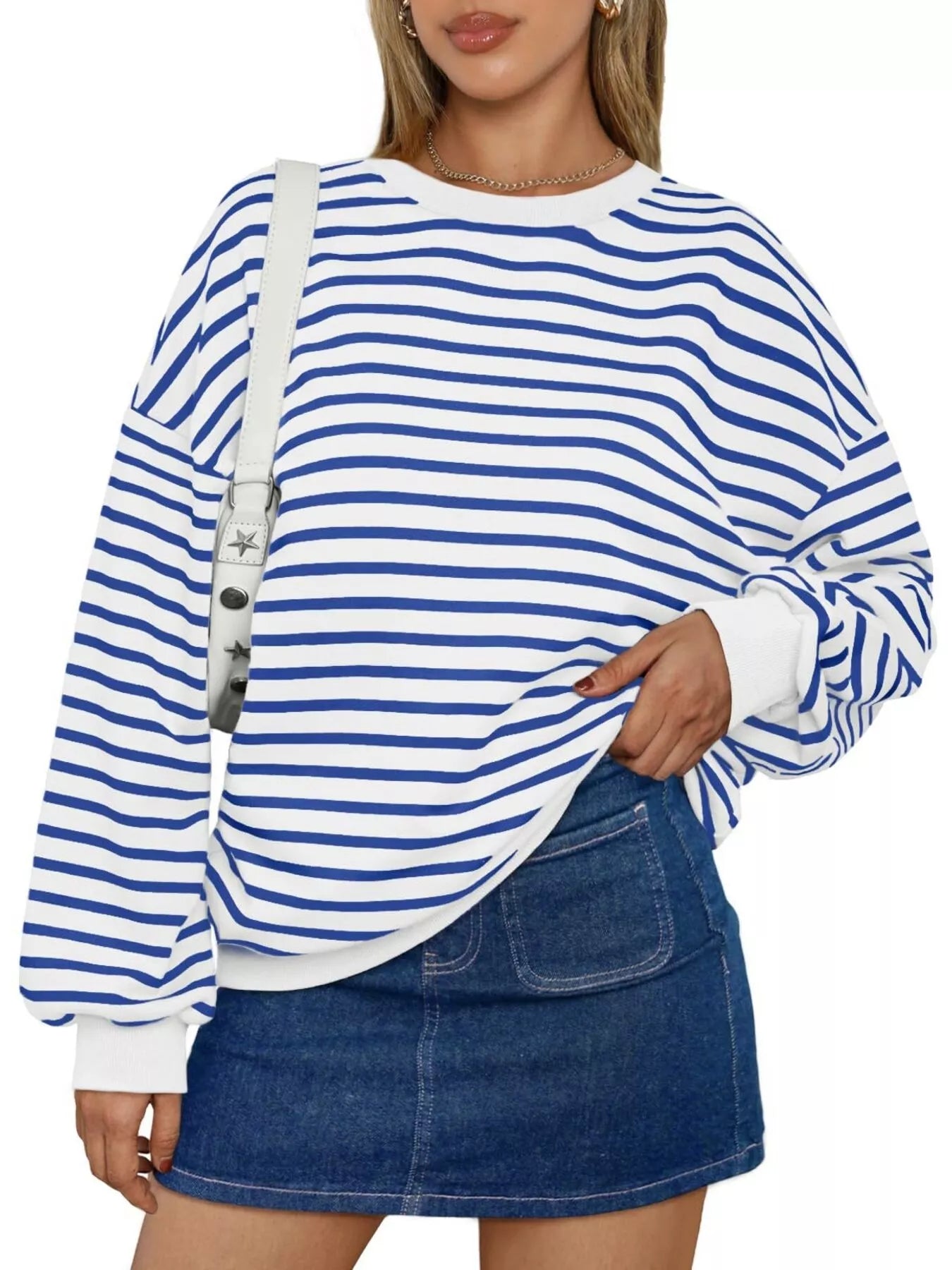 Striped Round Neck Oversized Casual Sweatshirt Trendsi