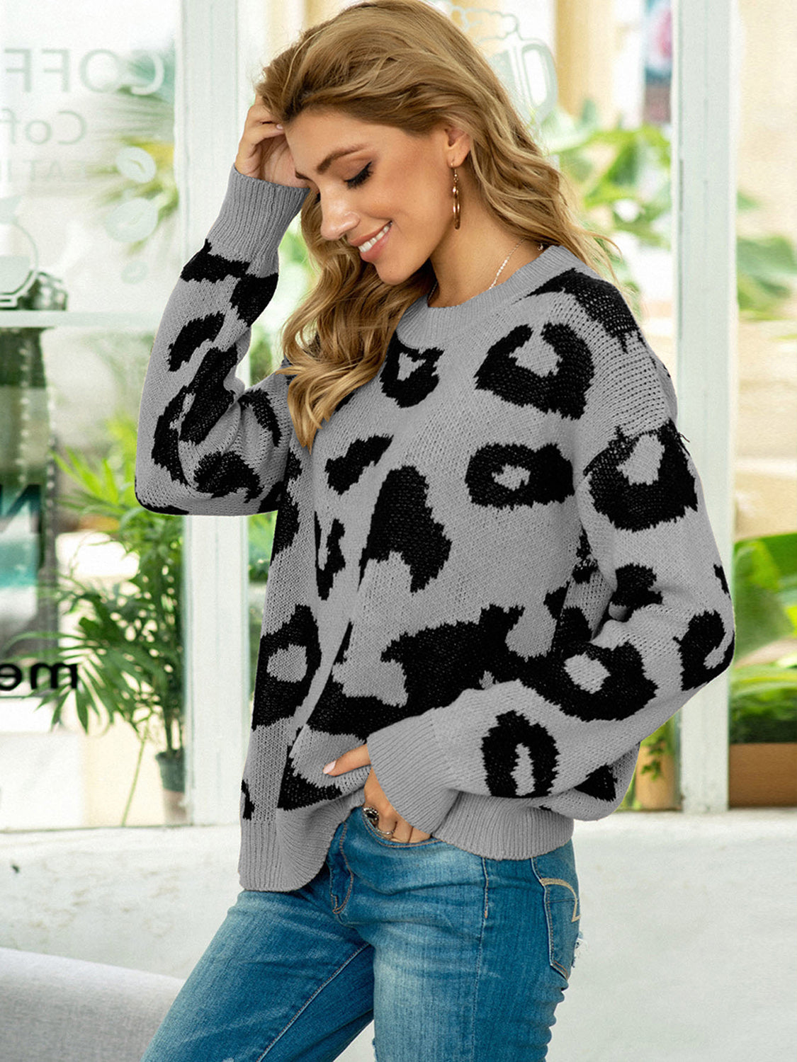 Drop Shoulder Leopard Pullover Sweater Trendsi