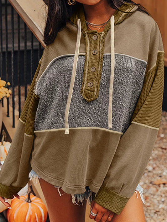 Mixed Texture Patchwork Exposed Seam Half Button Hoodie Trendsi