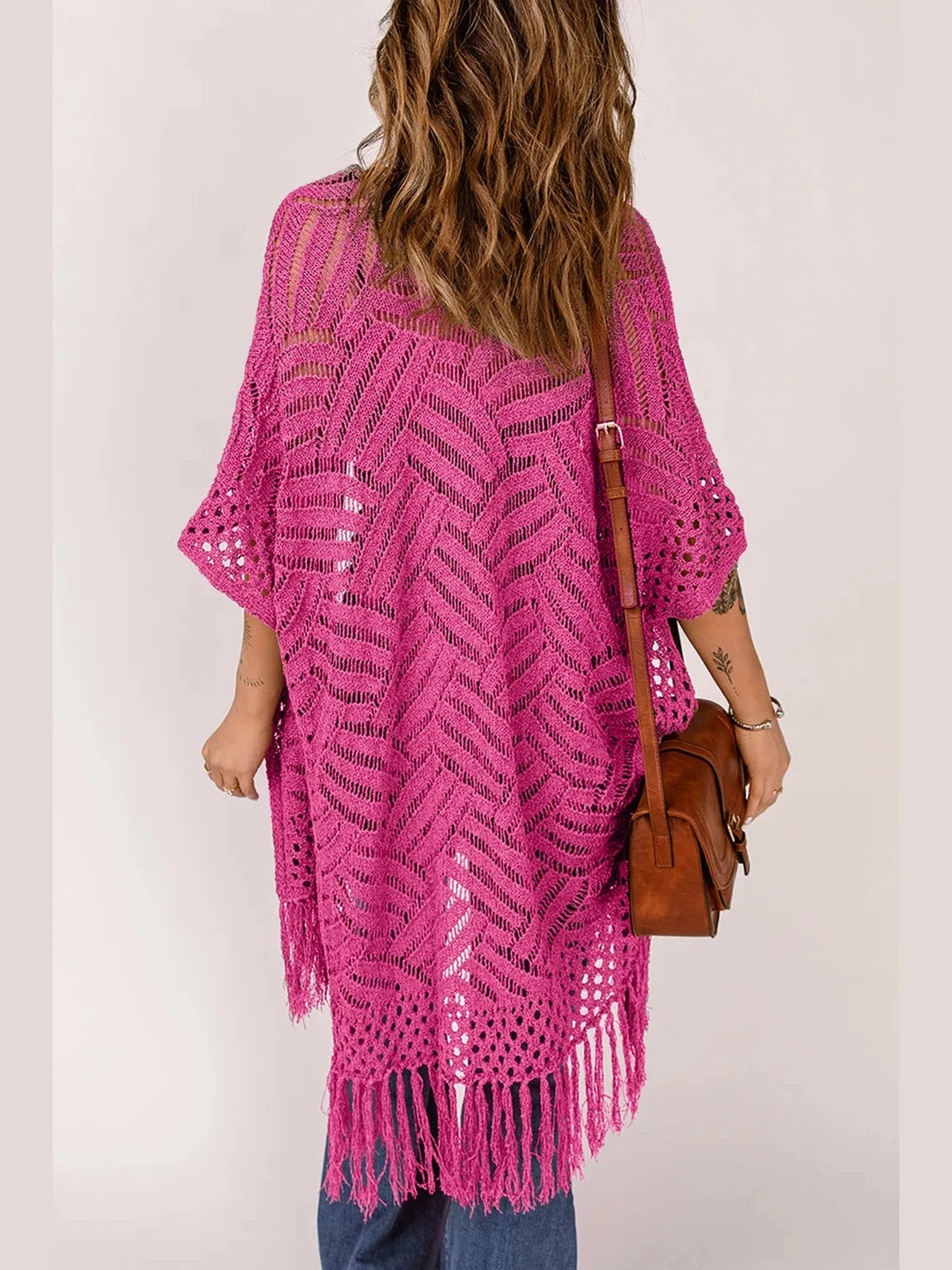 Openwork Open Front Cardigan with Fringes nicholesgifts
