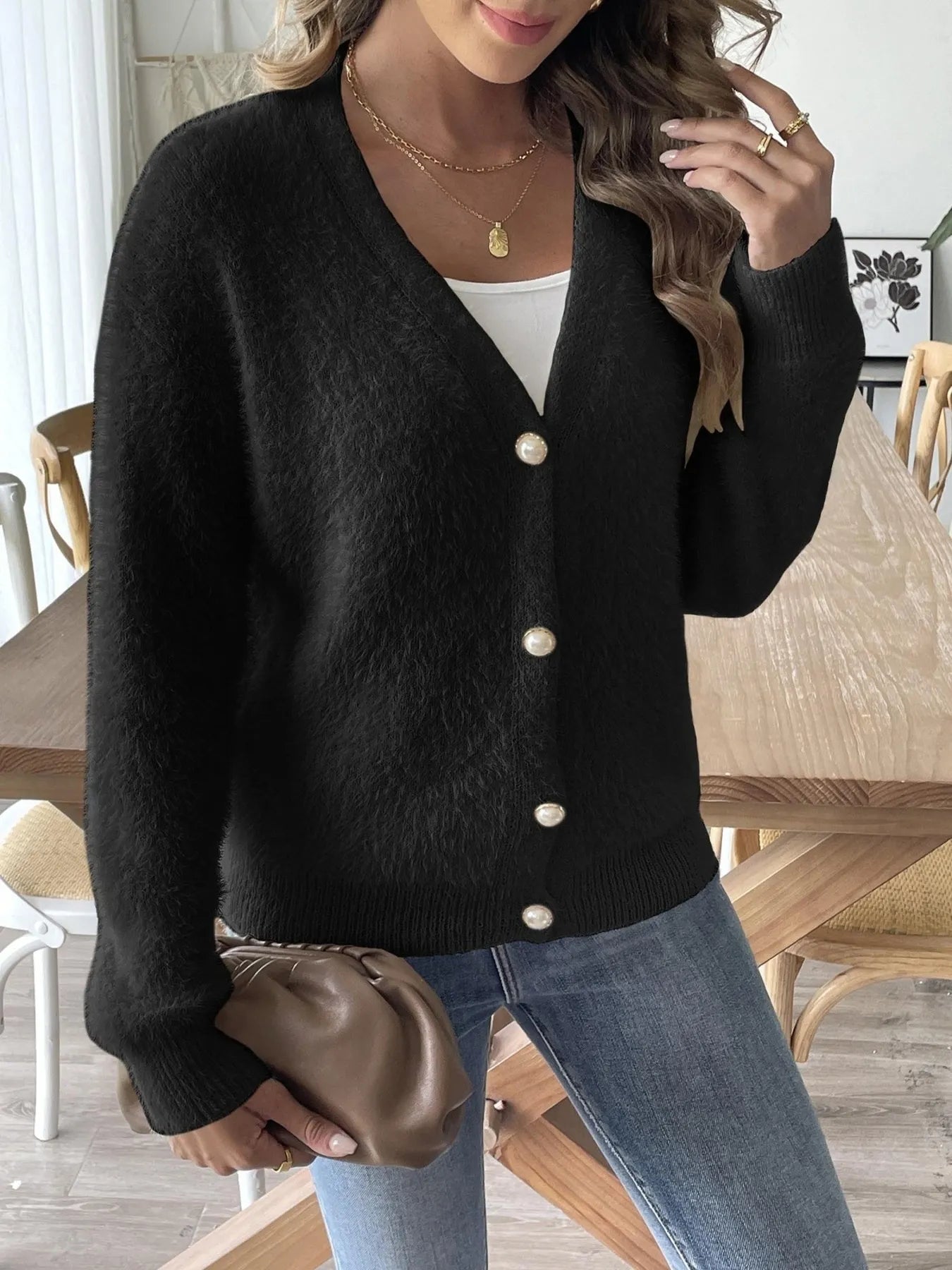 Fuzzy Button-Front Cardigan