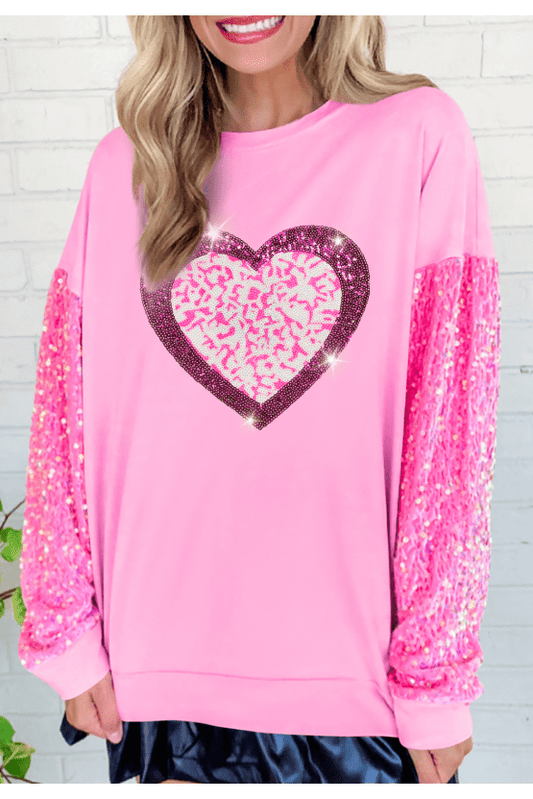 NicholesGifts Women Valentine’s Day Sequin Heart Long Sleeve Sweatshirt NicholesGifts