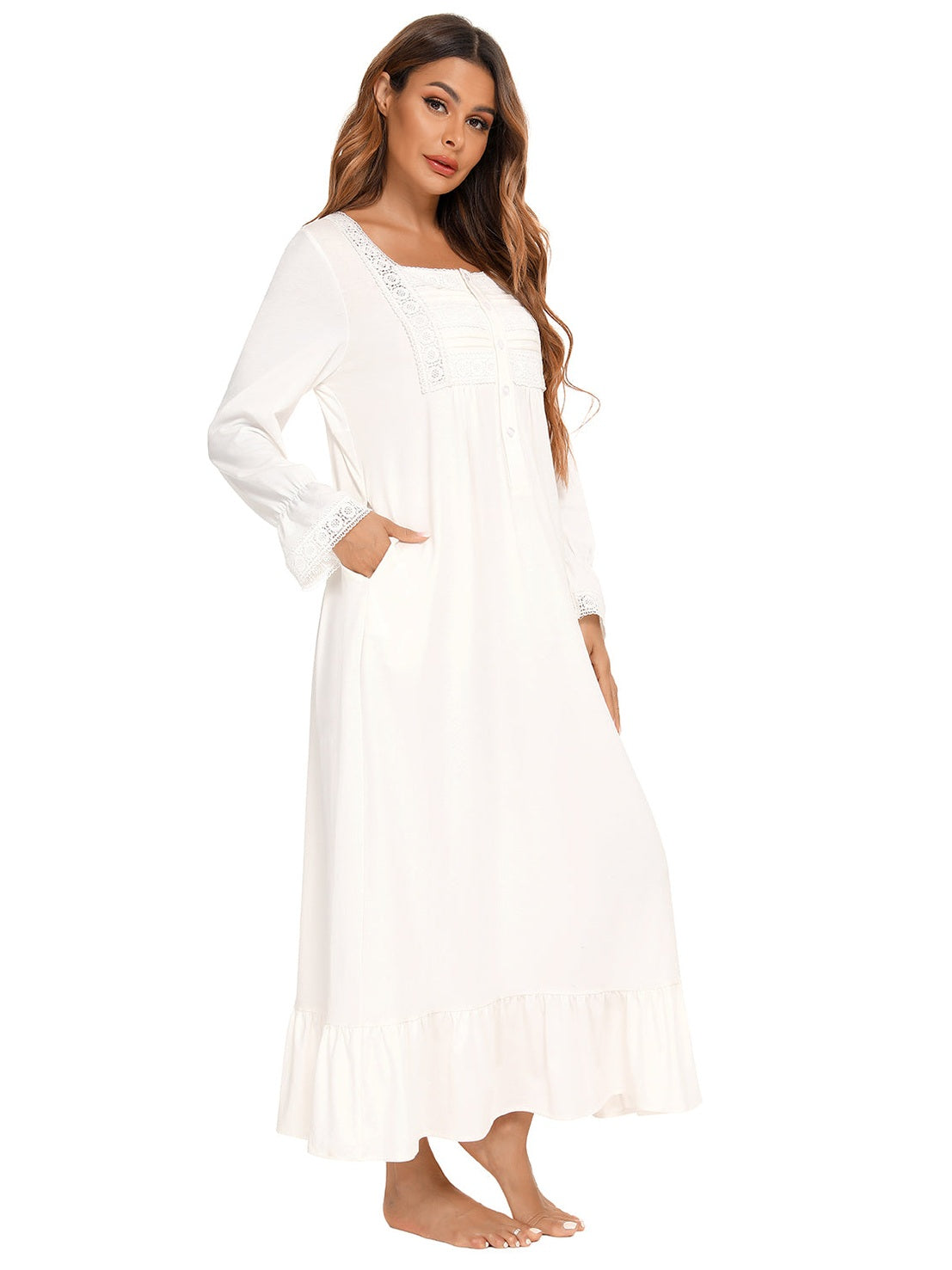 Lace Detail Square Neck Flounce Sleeve Night Dress nicholesgifts