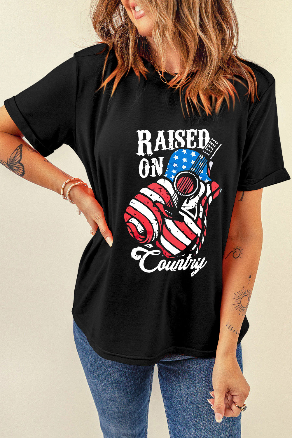 Women Raised On Country Round Neck Black Short Sleeve T-Shirt - Nicholesgifts.online
