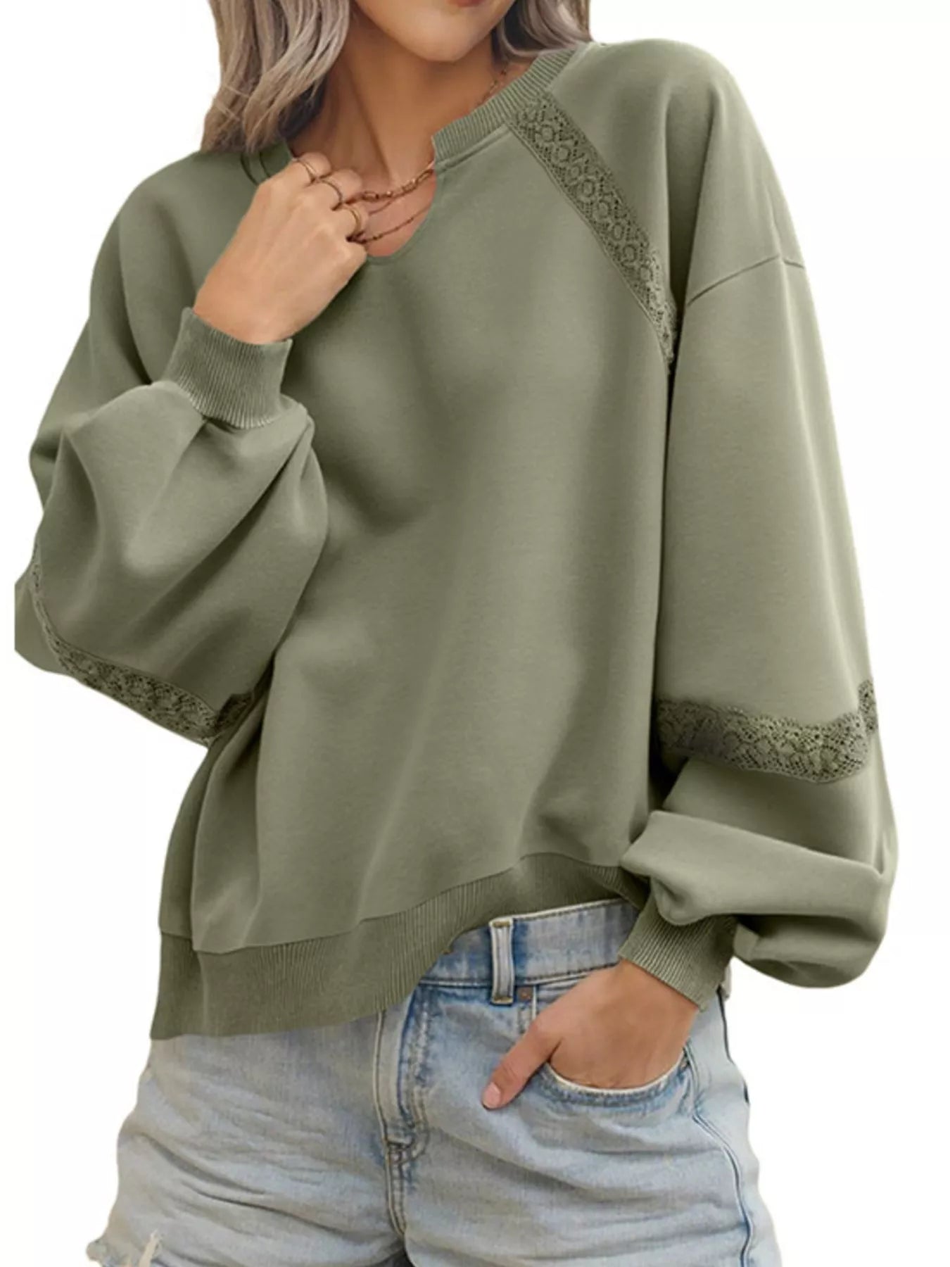 Lace Detail Notched Long Sleeve Sweatshirt Trendsi