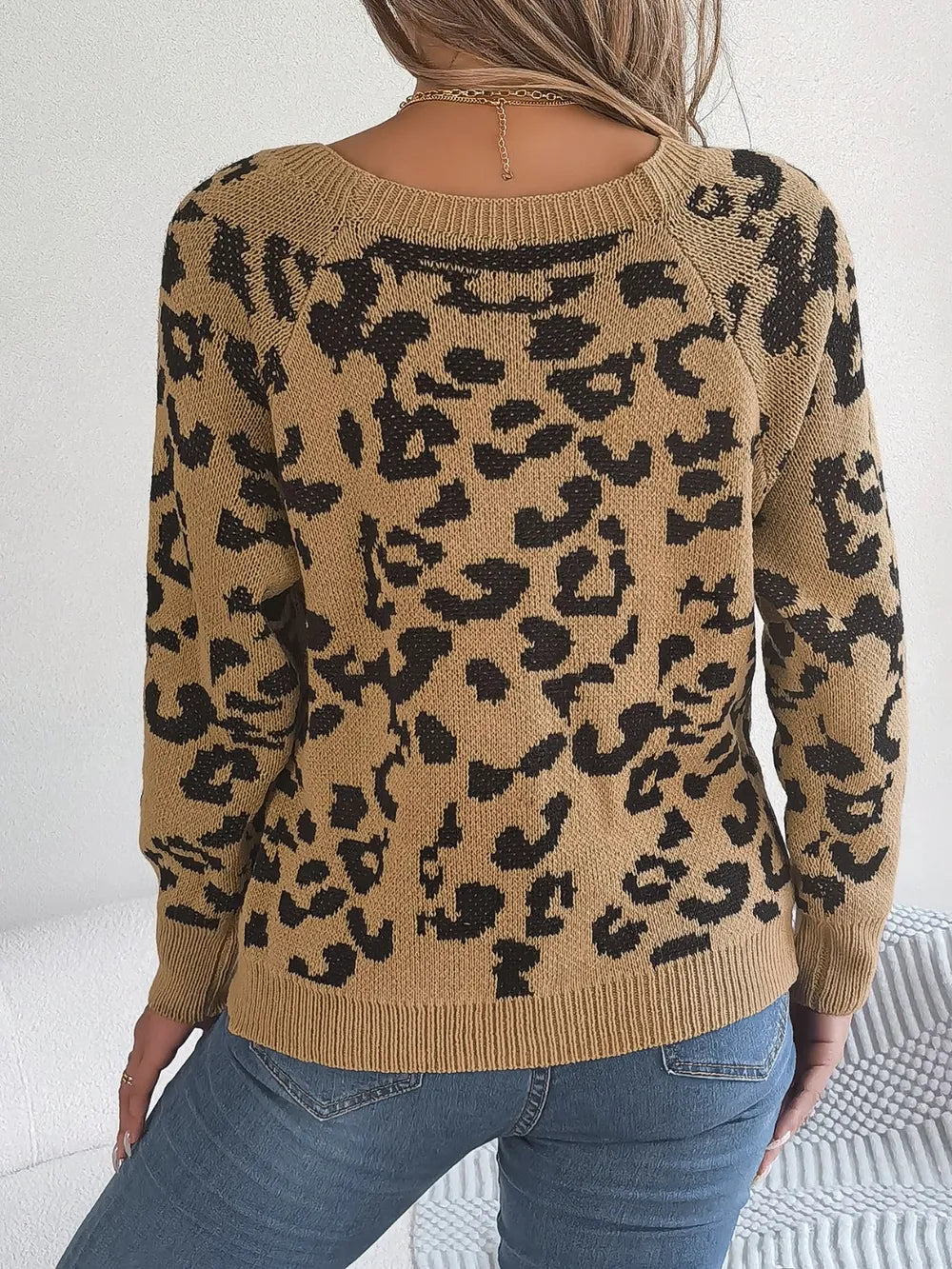 Leopard Buttoned Square Neck Sweater Trendsi