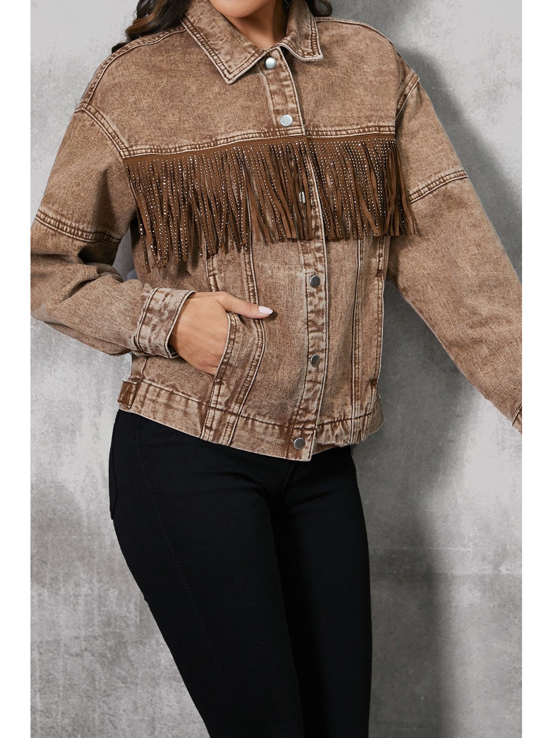 Fringe Trim Snap Down Denim Jacket nicholesgifts