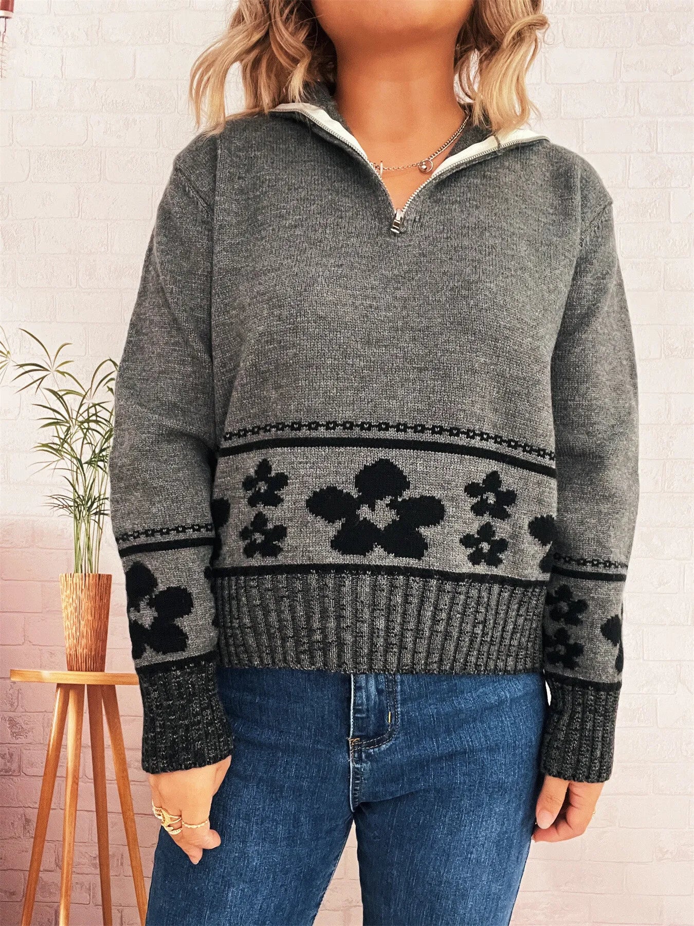 Flower Zip Collar Long Sleeve Sweater