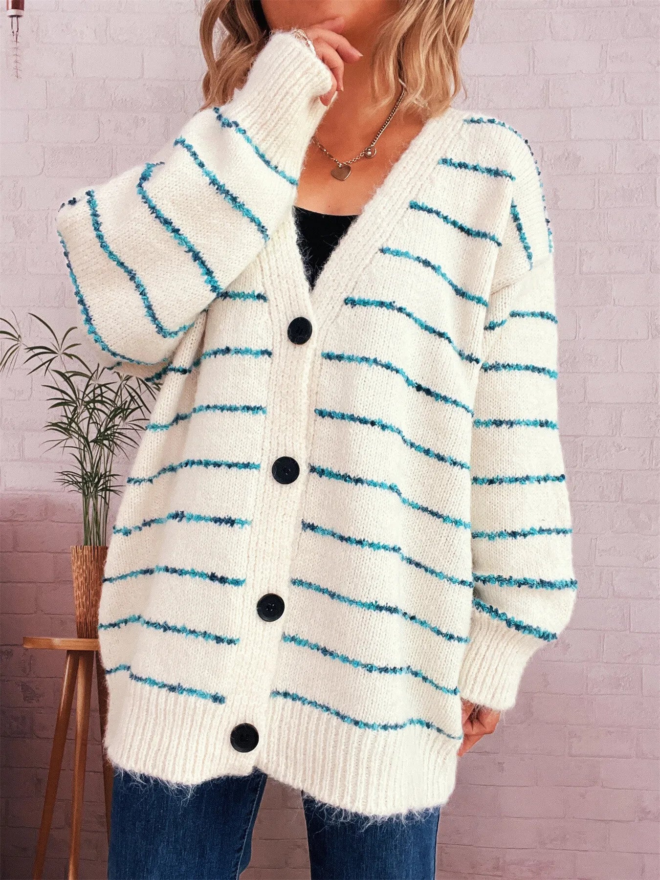 Striped Button-Up Cardigan with V-Neck Design