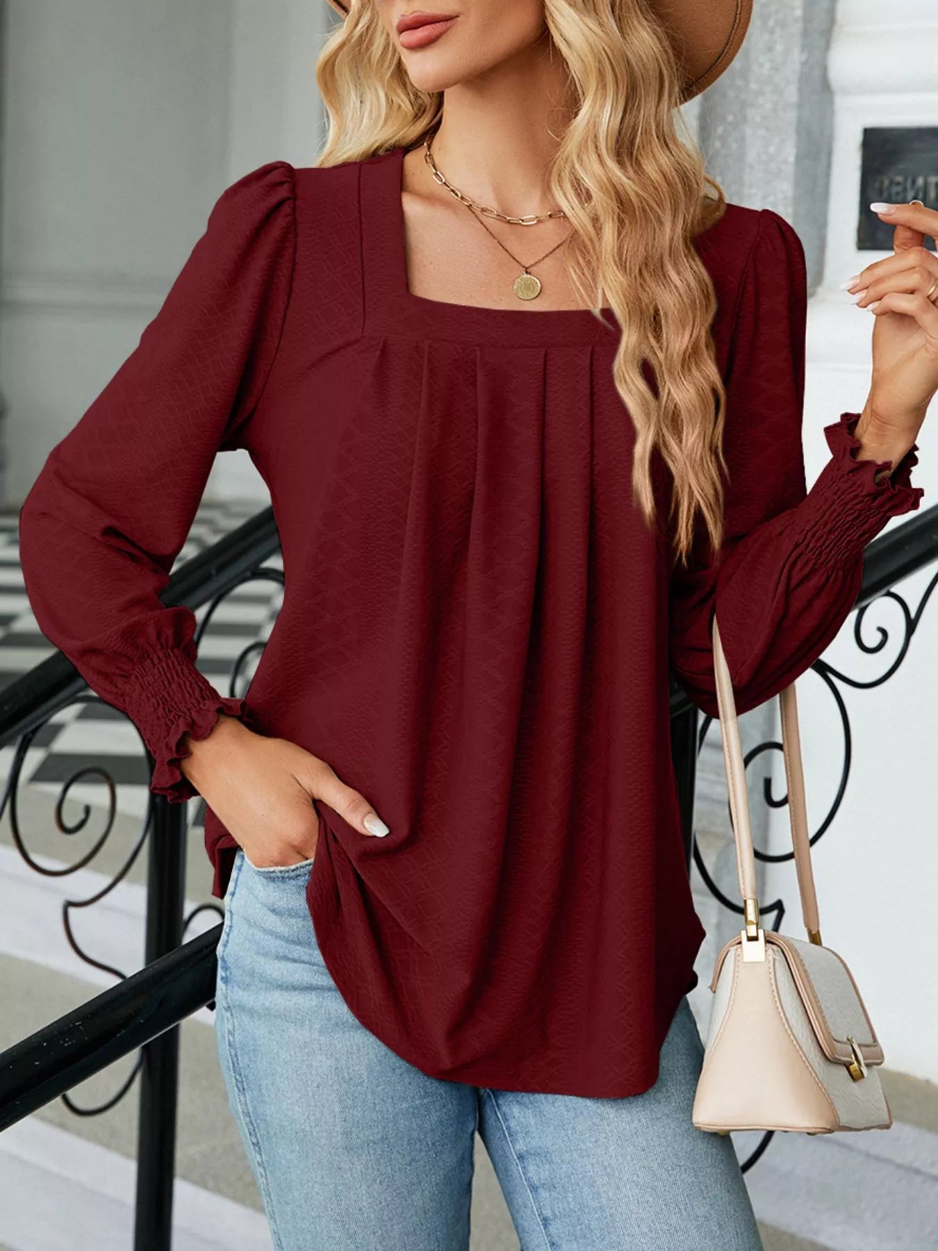 Pleated Square Neck Long Sleeve Top Trendsi
