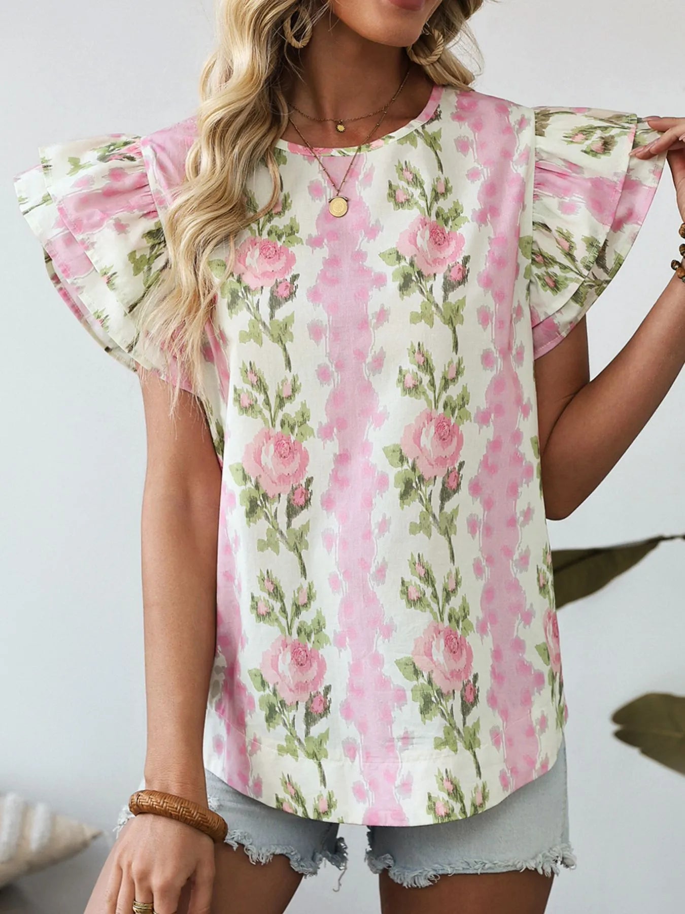 Floral Print Ruffled Sleeve Blouse NicholesGifts