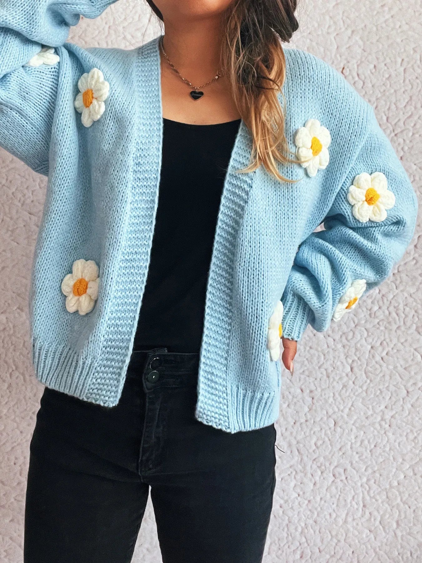 Flower Open Front Long Sleeve Cardigan