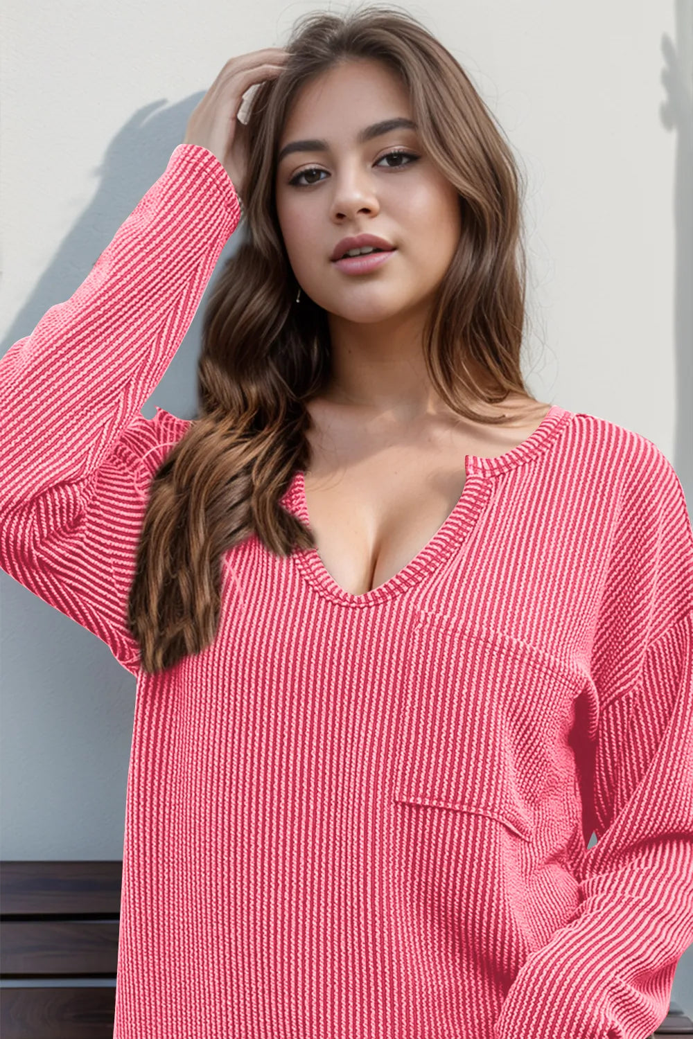 Double Take Striped Notched Long Sleeve T-Shirt NicholesGifts