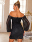 Pearl Trim Sweetheart Neck Long Sleeve Mini Dress nicholesgifts