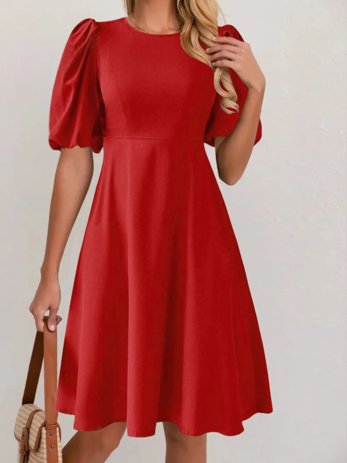 Round Neck Puff Sleeve A-Line Dress NicholesGifts