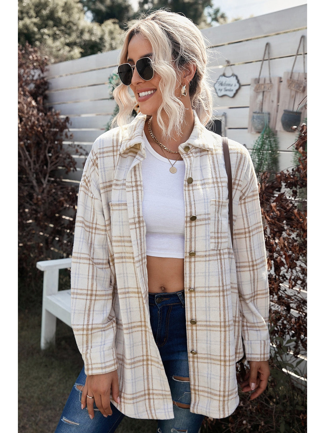 Plaid Curved Hem Dropped Shoulder Longline Shirt Jacket nicholesgifts