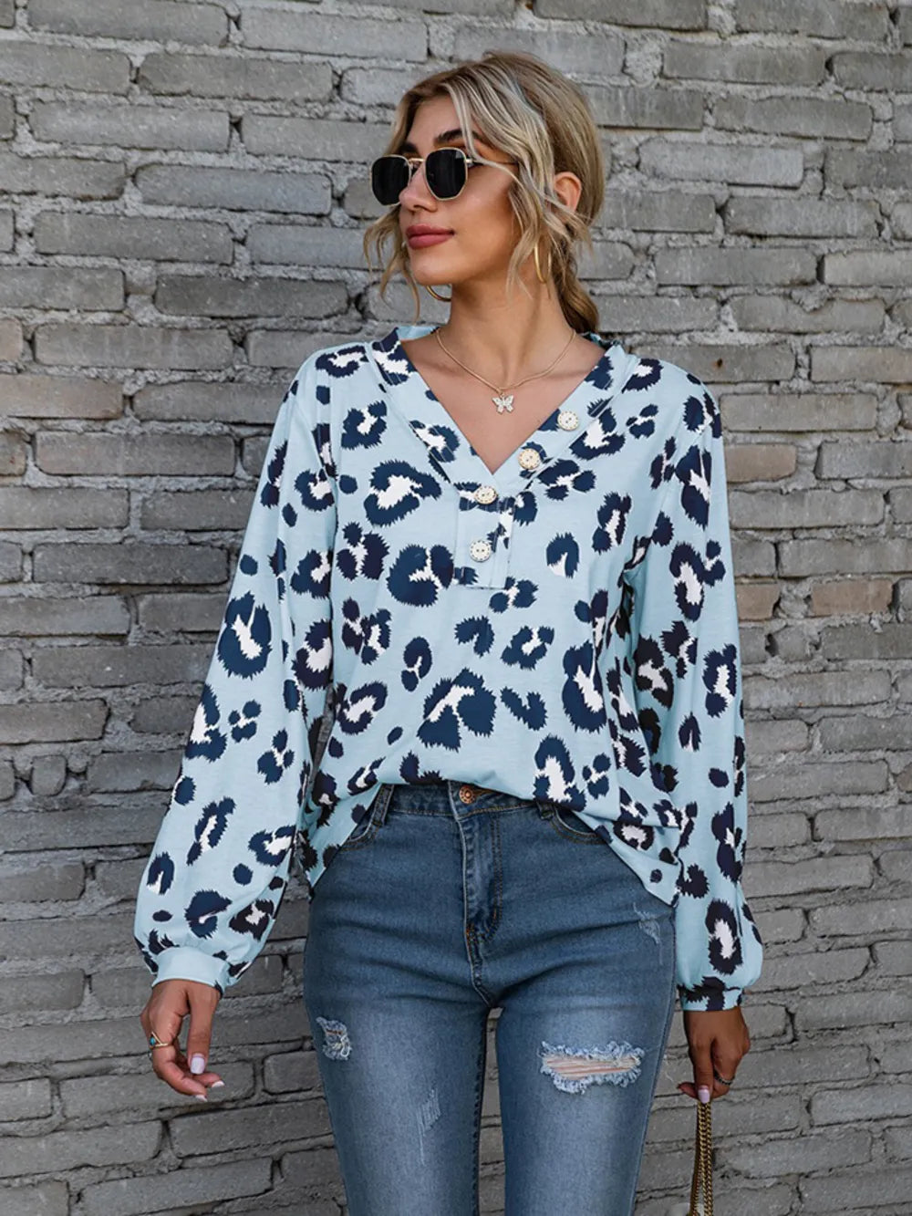 Leopard V-Neck Decorative Button Long Sleeve Blouse NicholesGifts