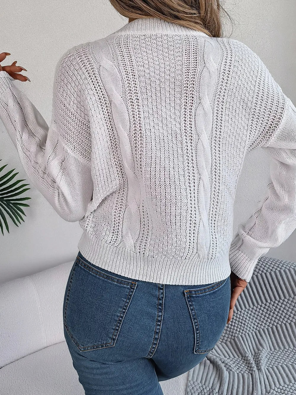 Cable-Knit Buttoned Round Neck Sweater Trendsi