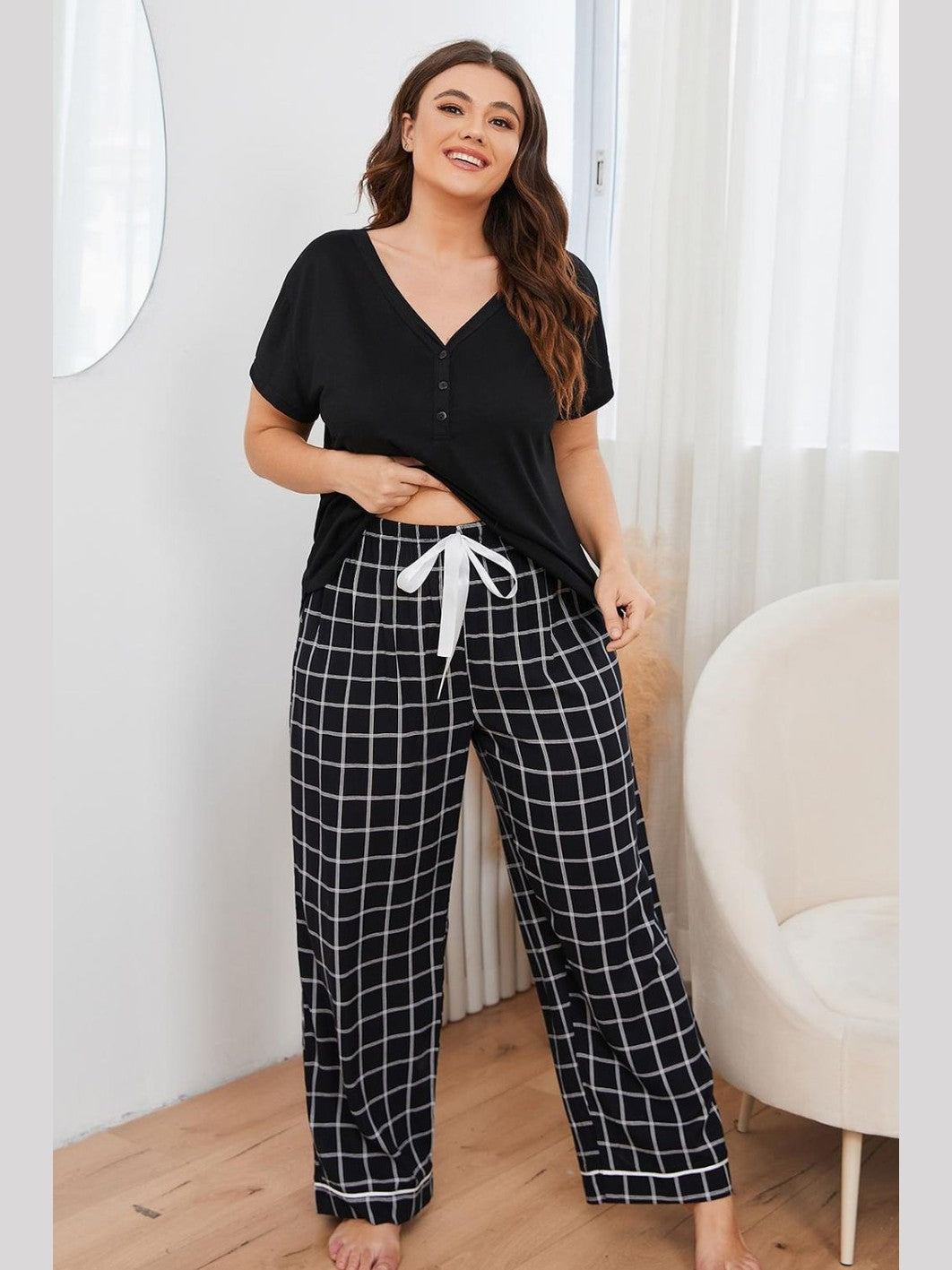 Plus Size V-Neck Top and Plaid Pants Lounge Set nicholesgifts