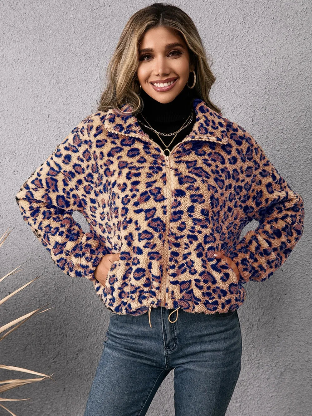 Ivy Lane Drawstring Leopard Zip Up Jacket nicholesgifts