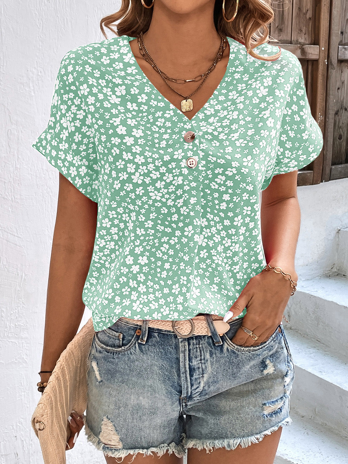 Printed V-Neck Short Sleeve Blouse nicholesgifts