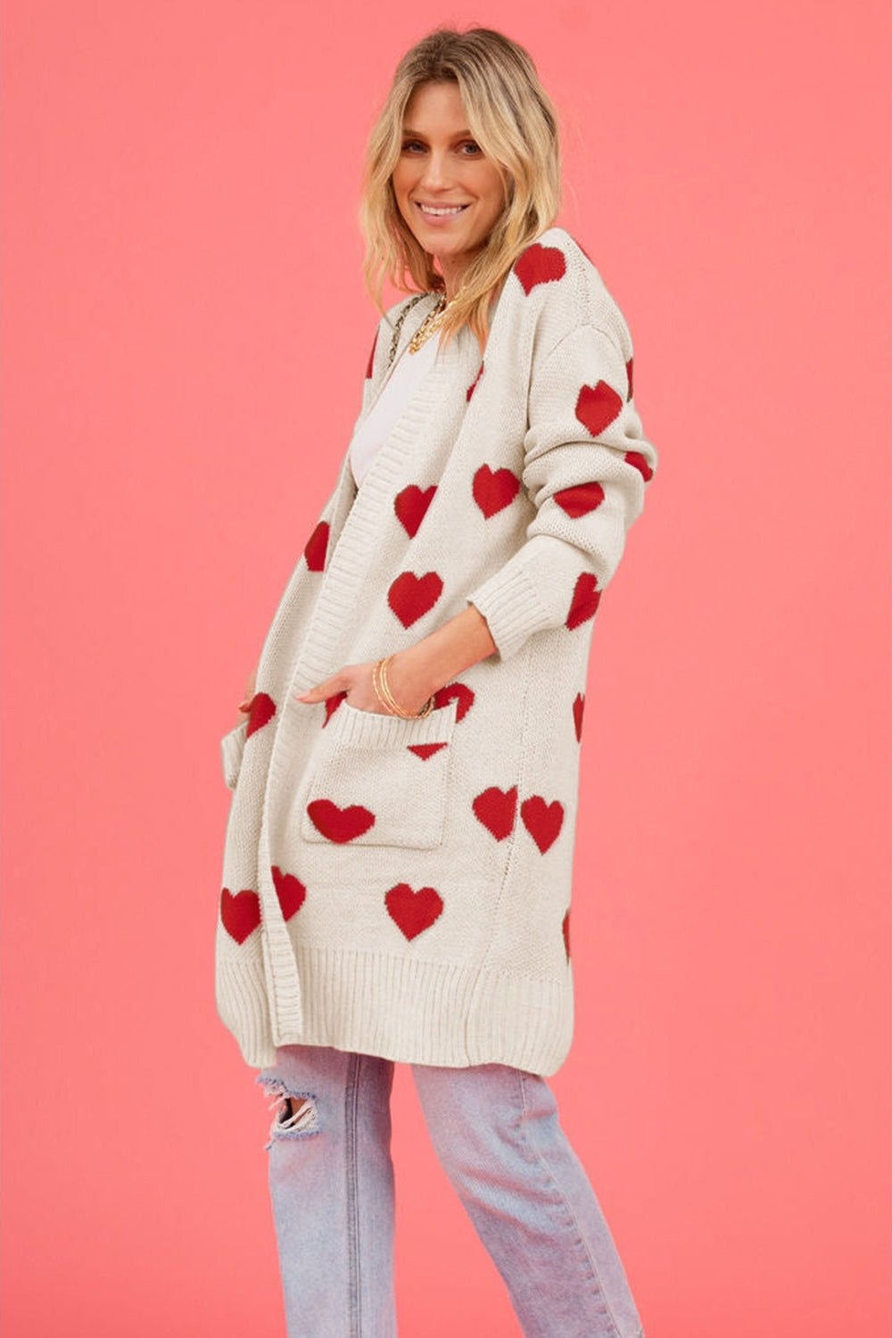 Heart Graphic Open Front Cardigan with Pockets nicholesgifts